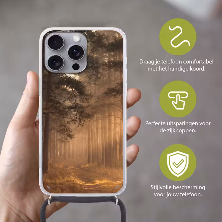 Bos - Mist - Zonlicht Hoesje iPhone 16 Pro Max met koord klein -sfeer2_NL