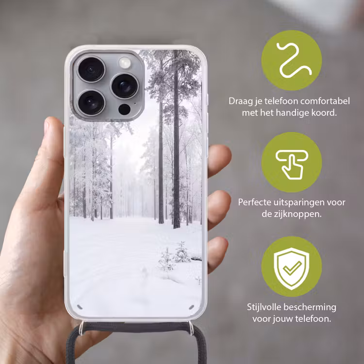 Bos - Sneeuw - Pad - Winter - Stilte Hoesje iPhone 16 Pro Max met koord klein -sfeer2_NL