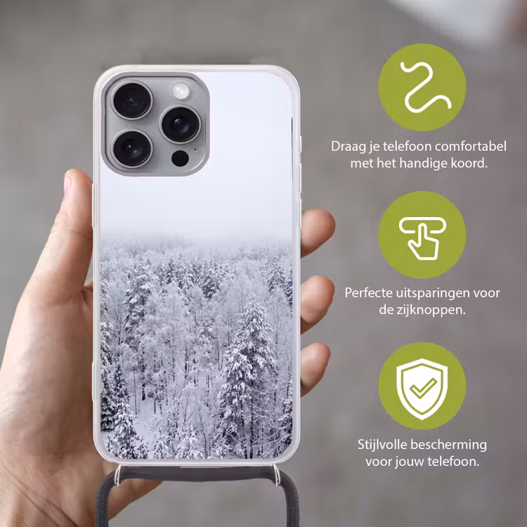 Bos - Sneeuw - Winter - Natuur - Wit Hoesje iPhone 16 Pro Max met koord klein -sfeer2_NL