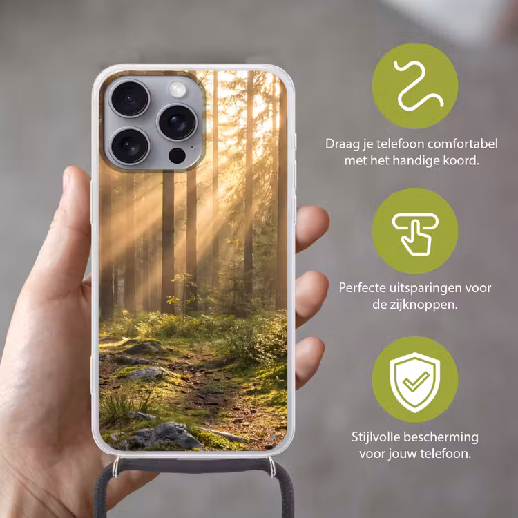 Bos - Zonlicht - Gras Hoesje iPhone 16 Pro Max met koord klein -sfeer2_NL