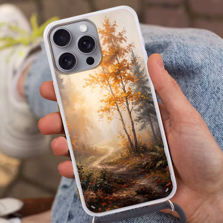 Bospad - Herfstbladeren - Natuur - Schilderachtig - Oranje Hoesje iPhone 16 Pro Max met koord klein -sfeer3