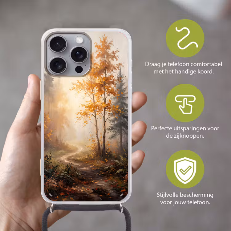 Bospad - Herfstbladeren - Natuur - Schilderachtig - Oranje Hoesje iPhone 16 Pro Max met koord klein -sfeer2_NL