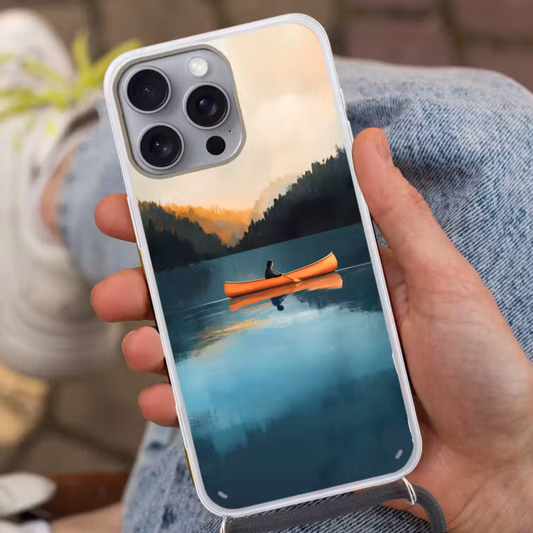 Bossen - Meer - Kano - Oranje Hoesje iPhone 16 Pro Max met koord klein -sfeer3