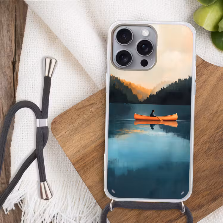 Bossen - Meer - Kano - Oranje Hoesje iPhone 16 Pro Max met koord klein -sfeer4