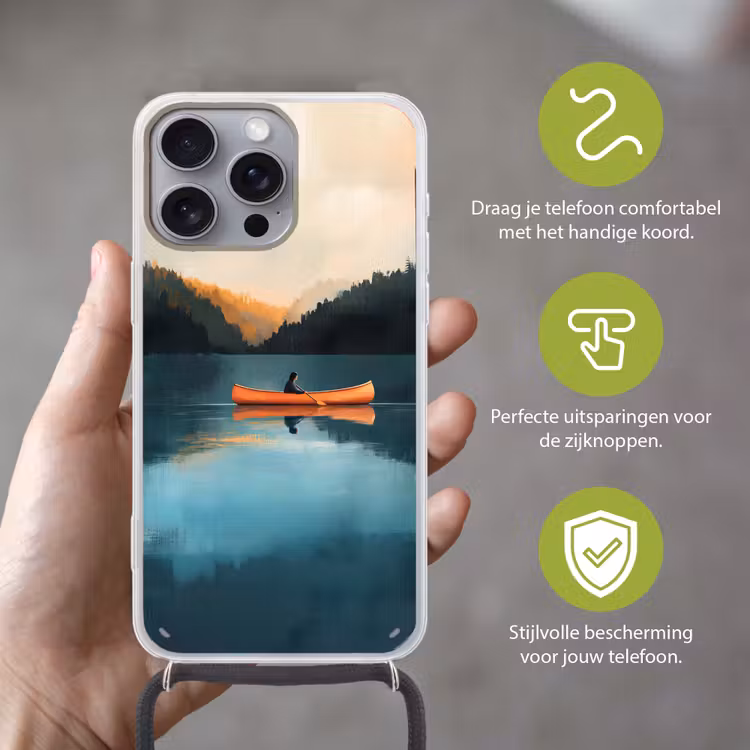 Bossen - Meer - Kano - Oranje Hoesje iPhone 16 Pro Max met koord klein -sfeer2_NL