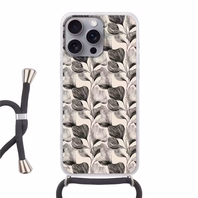 Botanisch - Bladeren - Zwart Hoesje iPhone 16 Pro Max met koord klein 804 -3d