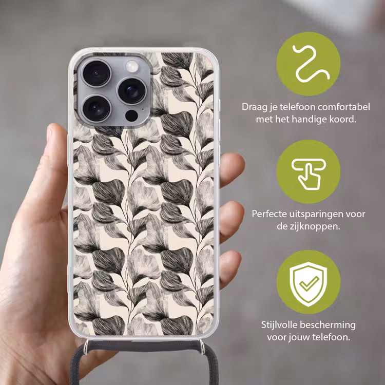 Botanisch - Bladeren - Zwart Hoesje iPhone 16 Pro Max met koord klein 804 -sfeer2_NL