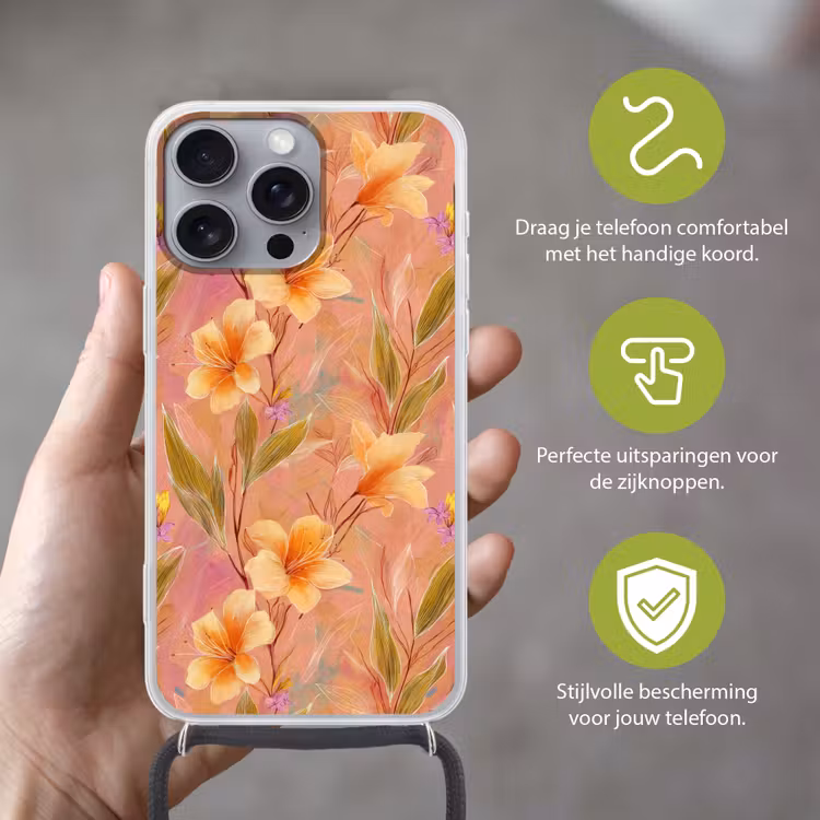 Botanisch - Bloemen - Kleurrijk Hoesje iPhone 16 Pro Max met koord klein 804 -sfeer2_NL