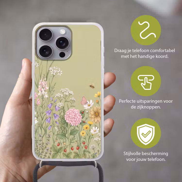Botanisch - Bloemen - Kleurrijk Hoesje iPhone 16 Pro Max met koord klein -sfeer2_NL