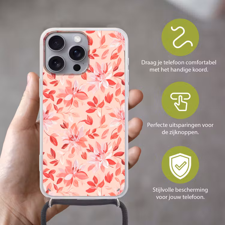 Botanisch - Bloemen - Rood Hoesje iPhone 16 Pro Max met koord klein 804 -sfeer2_NL
