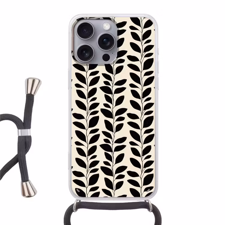 Botanisch - Dessin - Zwart - Beige Hoesje iPhone 16 Pro Max met koord klein 804 -3d