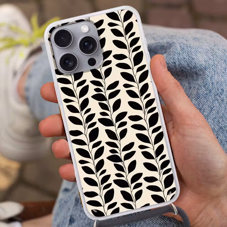 Botanisch - Dessin - Zwart - Beige Hoesje iPhone 16 Pro Max met koord klein 804 -sfeer3
