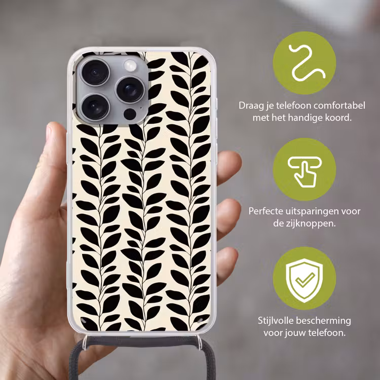 Botanisch - Dessin - Zwart - Beige Hoesje iPhone 16 Pro Max met koord klein 804 -sfeer2_NL