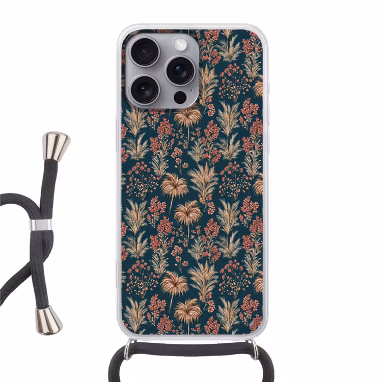 Botanisch - Patroon - Blauw Hoesje iPhone 16 Pro Max met koord klein 804 -3d