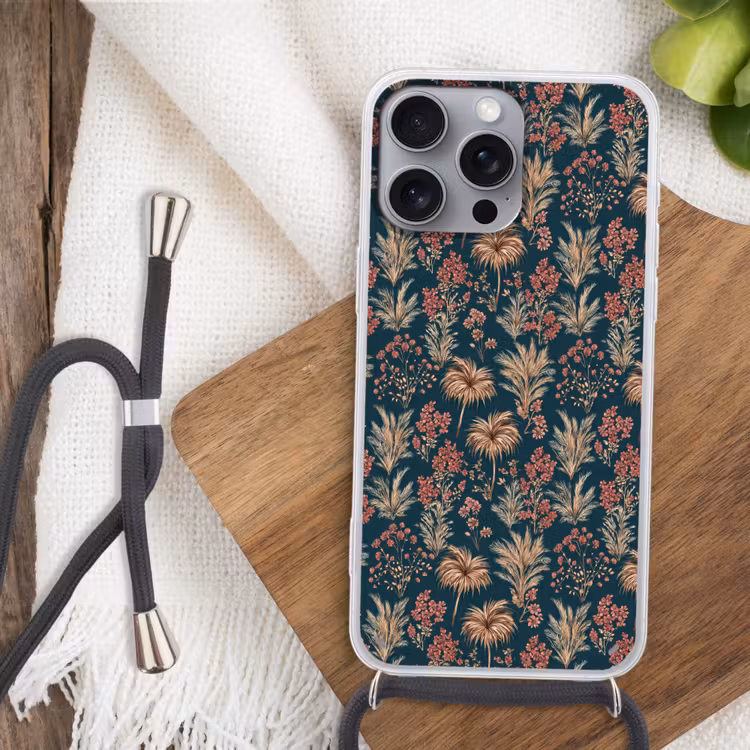 Botanisch - Patroon - Blauw Hoesje iPhone 16 Pro Max met koord klein 804 -sfeer4