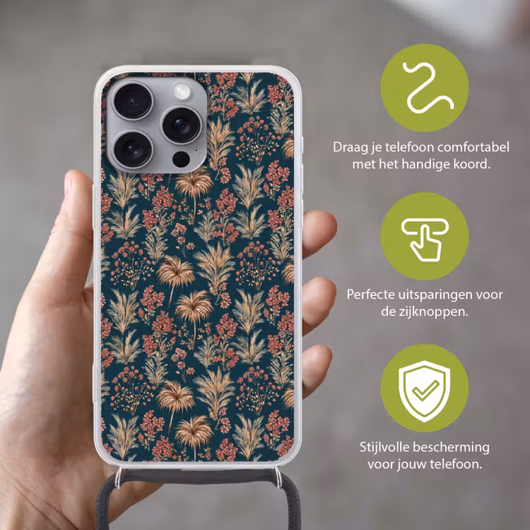 Botanisch - Patroon - Blauw Hoesje iPhone 16 Pro Max met koord klein 804 -sfeer2_NL