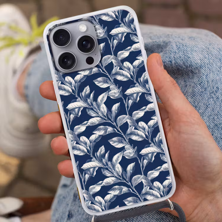 Botanisch - Patroon - Blauw Hoesje iPhone 16 Pro Max met koord klein 804 -sfeer3