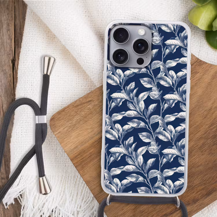 Botanisch - Patroon - Blauw Hoesje iPhone 16 Pro Max met koord klein 804 -sfeer4