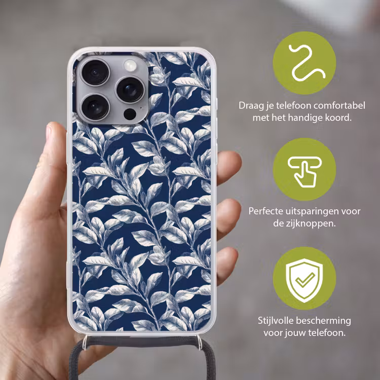 Botanisch - Patroon - Blauw Hoesje iPhone 16 Pro Max met koord klein 804 -sfeer2_NL