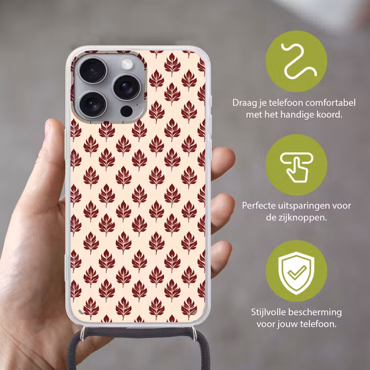 Botanisch - Patroon - Bordeaux Hoesje iPhone 16 Pro Max met koord klein 804 -sfeer2_NL