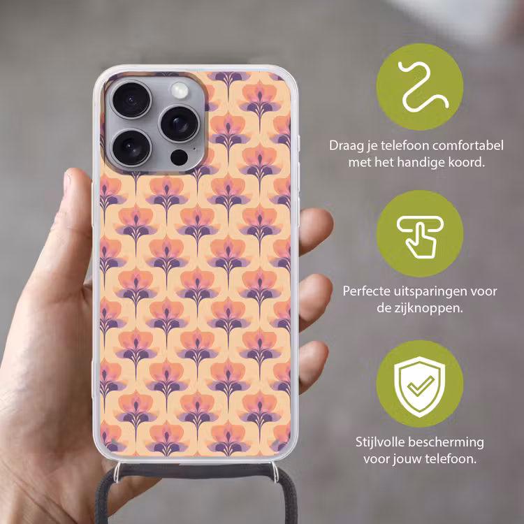 Botanisch - Patroon - Pastel Hoesje iPhone 16 Pro Max met koord klein 804 -sfeer2_NL