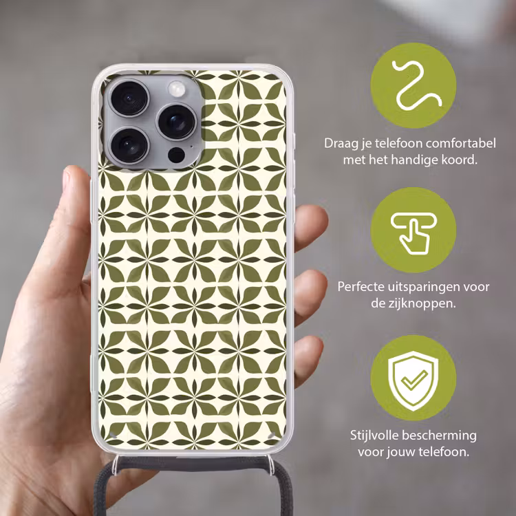 Botanisch - Retro - Groen Hoesje iPhone 16 Pro Max met koord klein 804 -sfeer2_NL