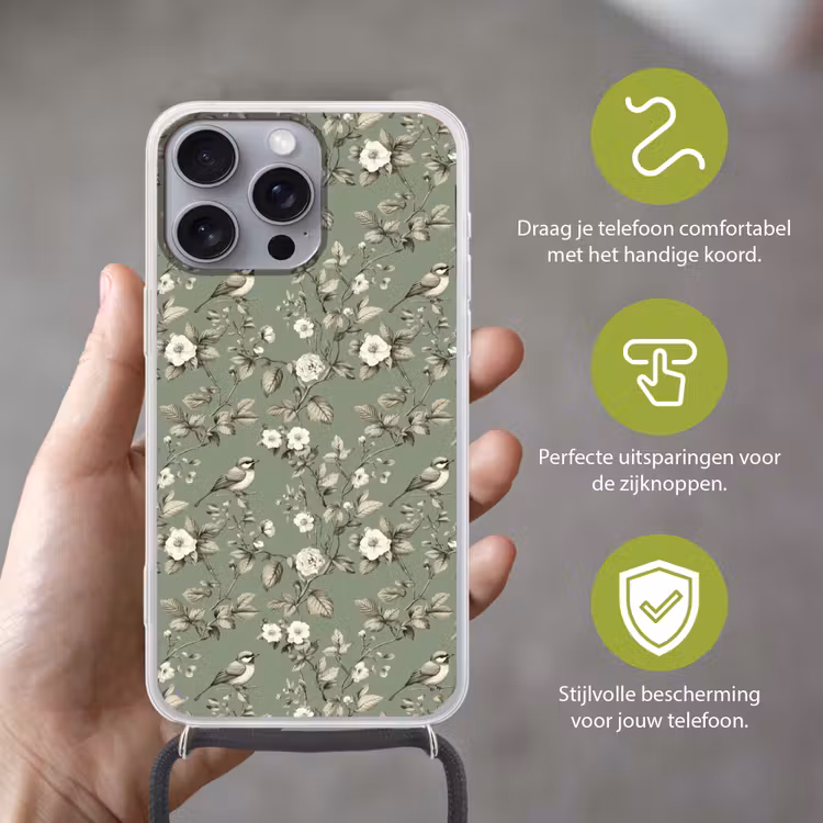 Botanisch - Vogels - Groen Hoesje iPhone 16 Pro Max met koord klein 804 -sfeer2_NL