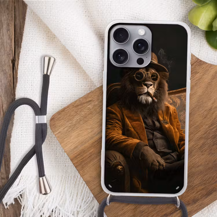 Bril - Leeuw - Bank - Hoed Hoesje iPhone 16 Pro Max met koord klein -sfeer4