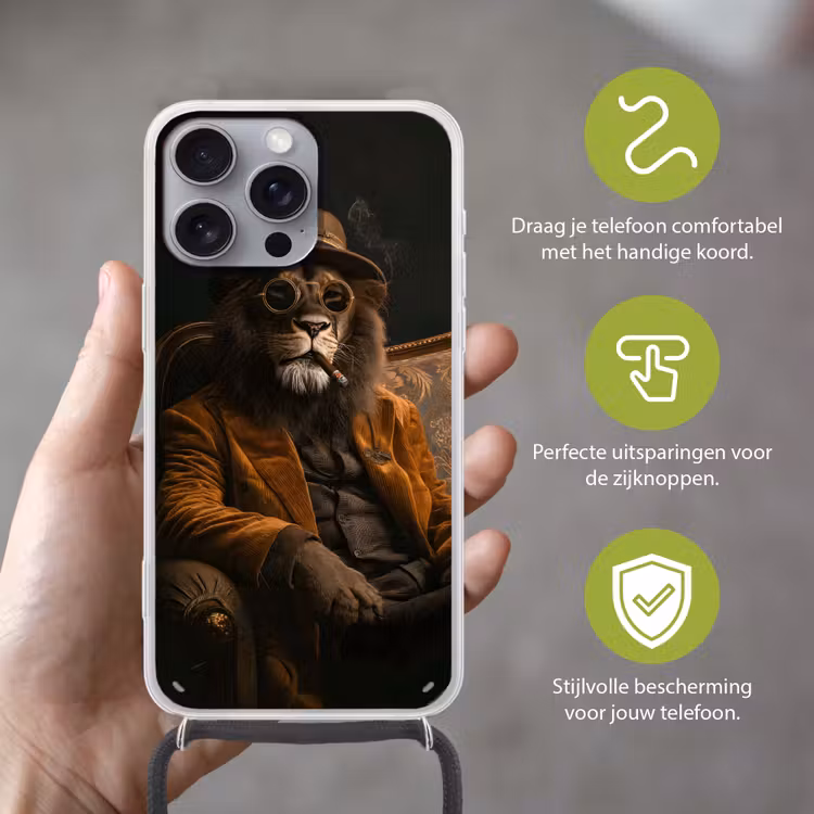 Bril - Leeuw - Bank - Hoed Hoesje iPhone 16 Pro Max met koord klein -sfeer2_NL