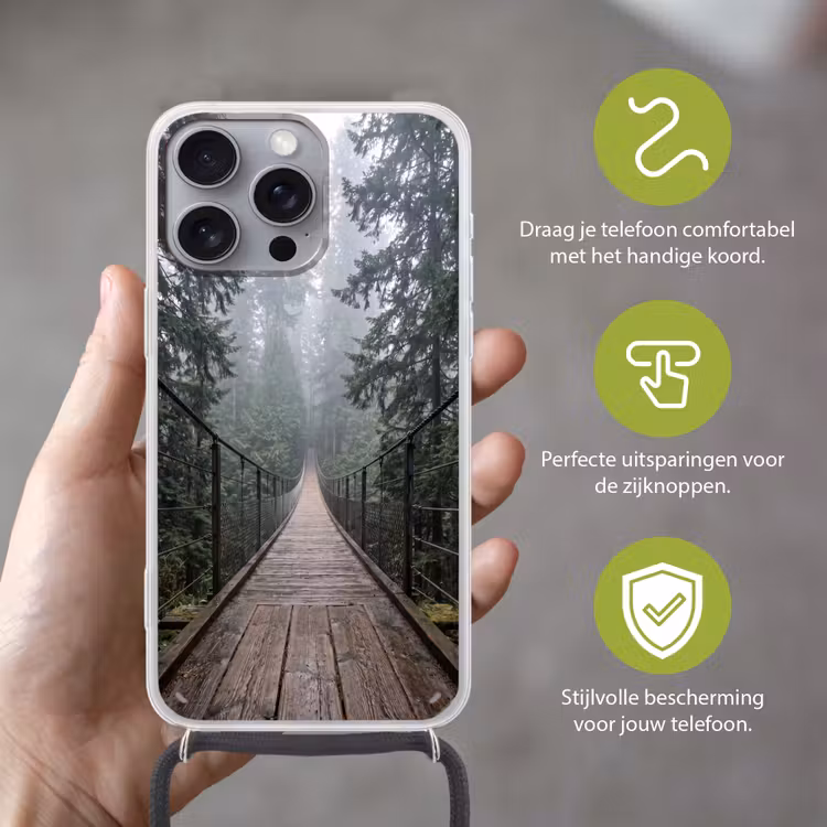 Brug - Bos - Mist - Natuur Hoesje iPhone 16 Pro Max met koord klein -sfeer2_NL