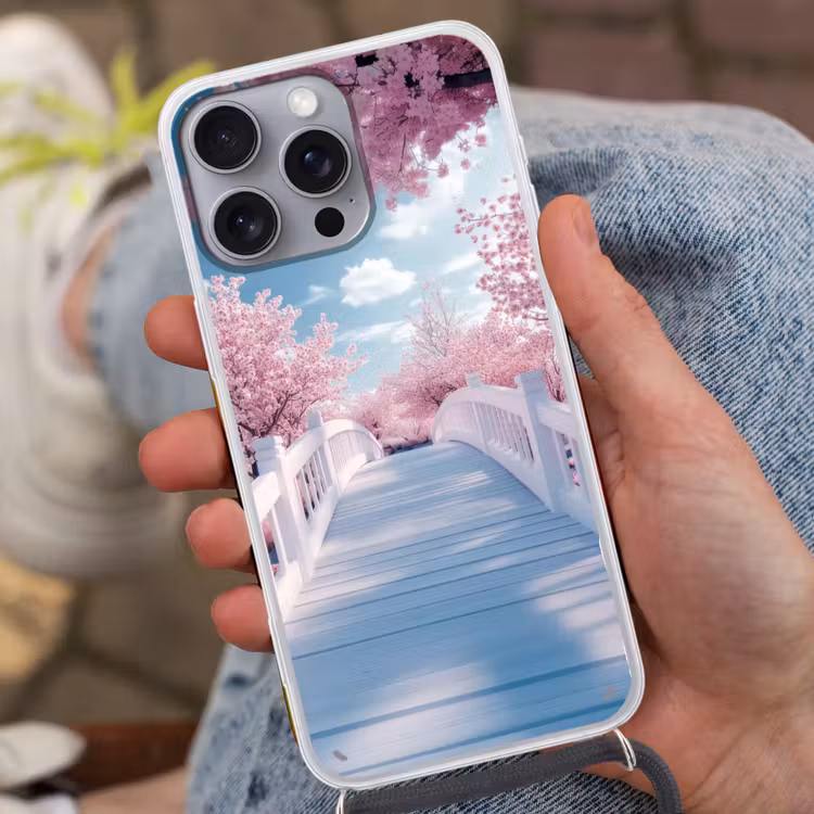Brug - Kersenbomen - Wit Hoesje iPhone 16 Pro Max met koord klein -sfeer3