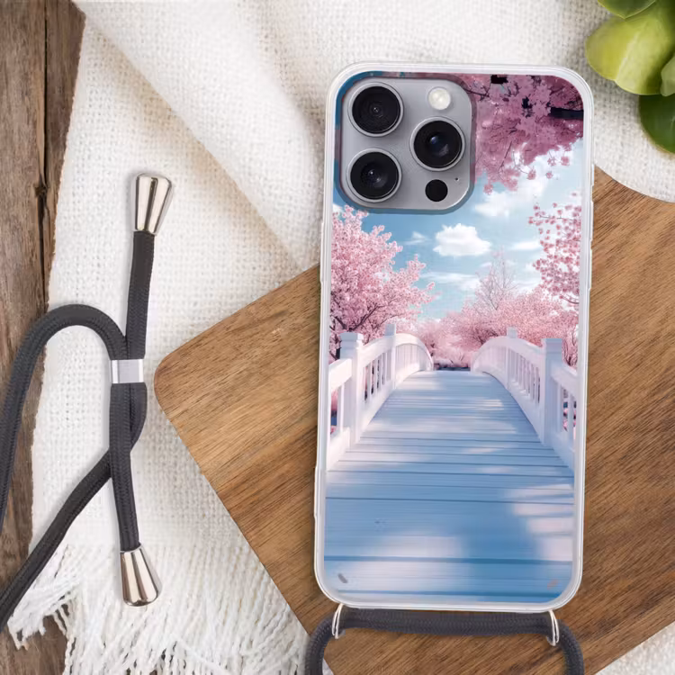 Brug - Kersenbomen - Wit Hoesje iPhone 16 Pro Max met koord klein -sfeer4