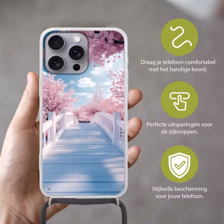 Brug - Kersenbomen - Wit Hoesje iPhone 16 Pro Max met koord klein -sfeer2_NL