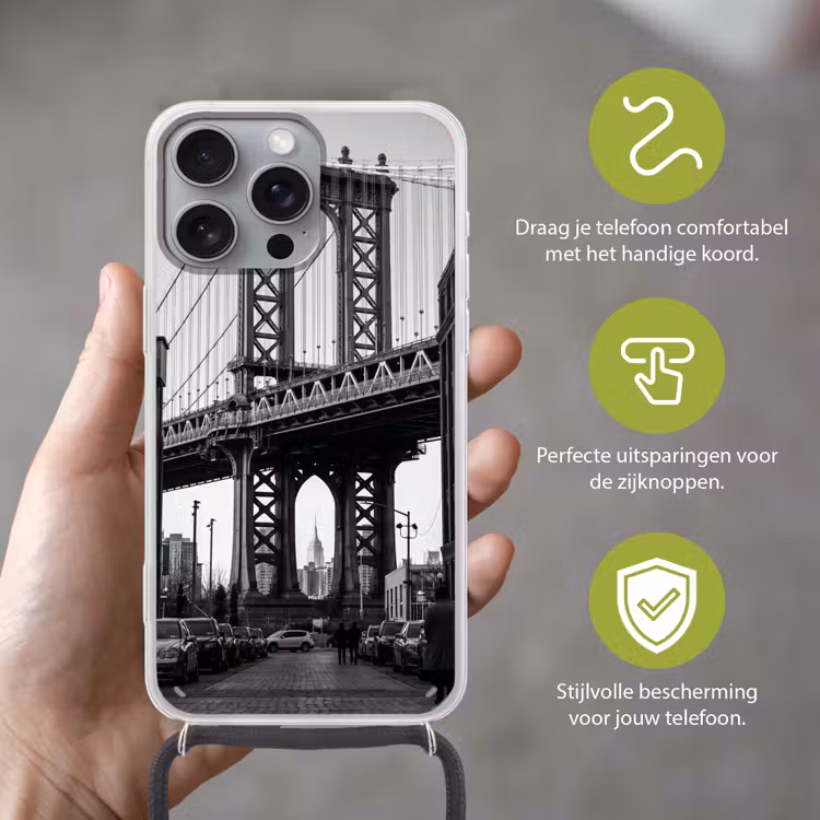 Brug - Stad - Architectuur - Modern - Zwart-wit Hoesje iPhone 16 Pro Max met koord klein -sfeer2_NL