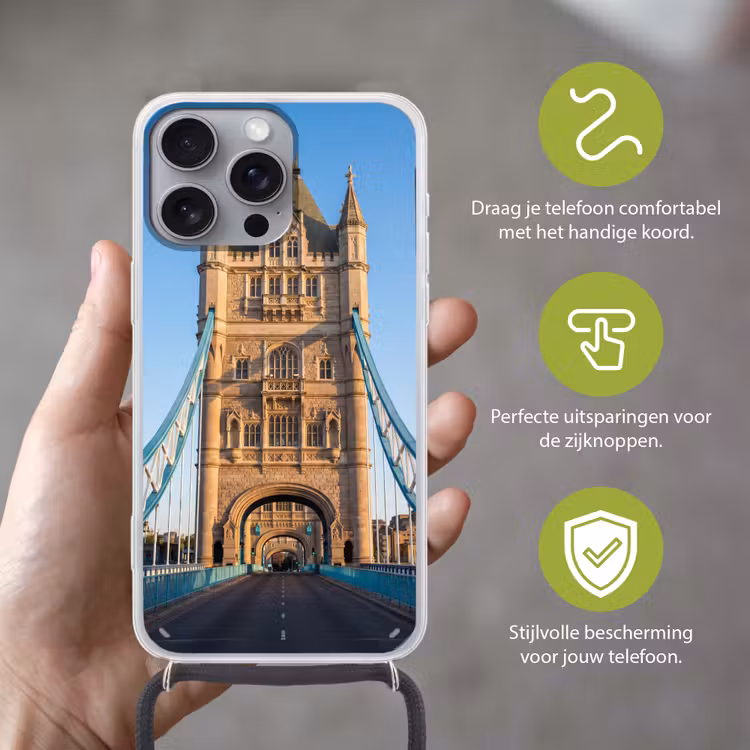 Brug - Toren - Architectuur - Klassiek - Blauw Hoesje iPhone 16 Pro Max met koord klein -sfeer2_NL