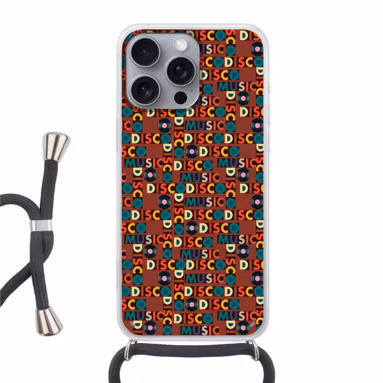 Bruin - Retro - Disco - Patroon Hoesje iPhone 16 Pro Max met koord klein 804 -3d