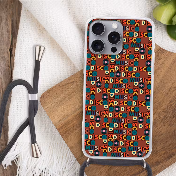 Bruin - Retro - Disco - Patroon Hoesje iPhone 16 Pro Max met koord klein 804 -sfeer4