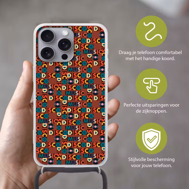 Bruin - Retro - Disco - Patroon Hoesje iPhone 16 Pro Max met koord klein 804 -sfeer2_NL