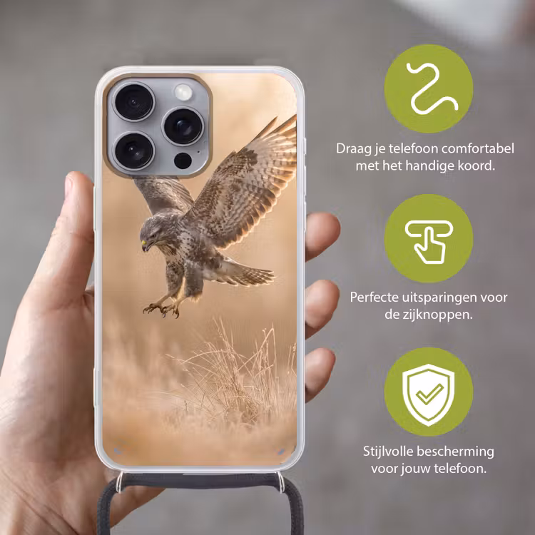 Buizerd - Roofvogel - Natuur - Bruin Hoesje iPhone 16 Pro Max met koord klein -sfeer2_NL