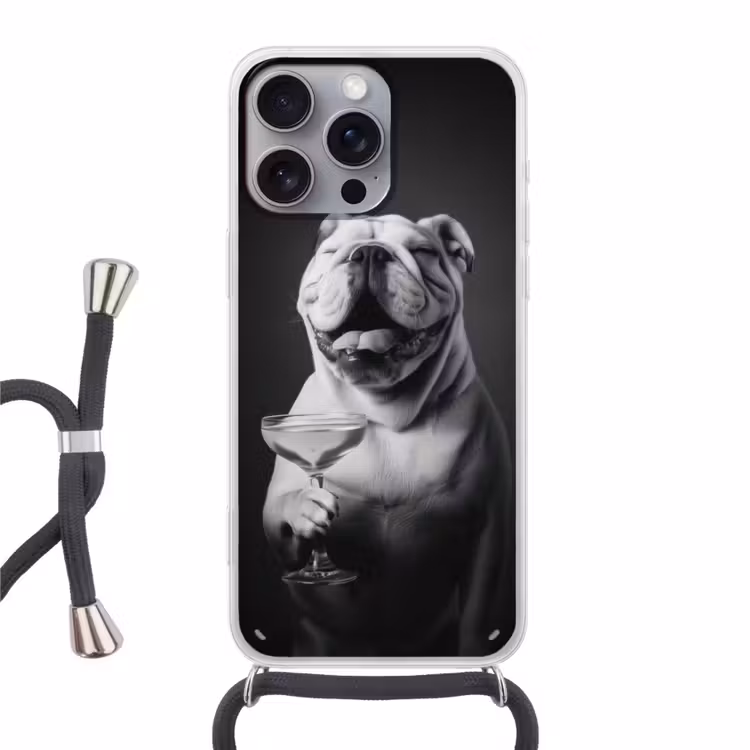Buldog - Hond - Glas Hoesje iPhone 16 Pro Max met koord klein -3d