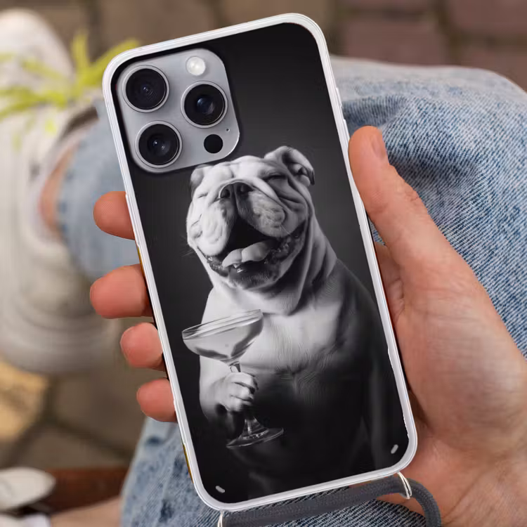 Buldog - Hond - Glas Hoesje iPhone 16 Pro Max met koord klein -sfeer3