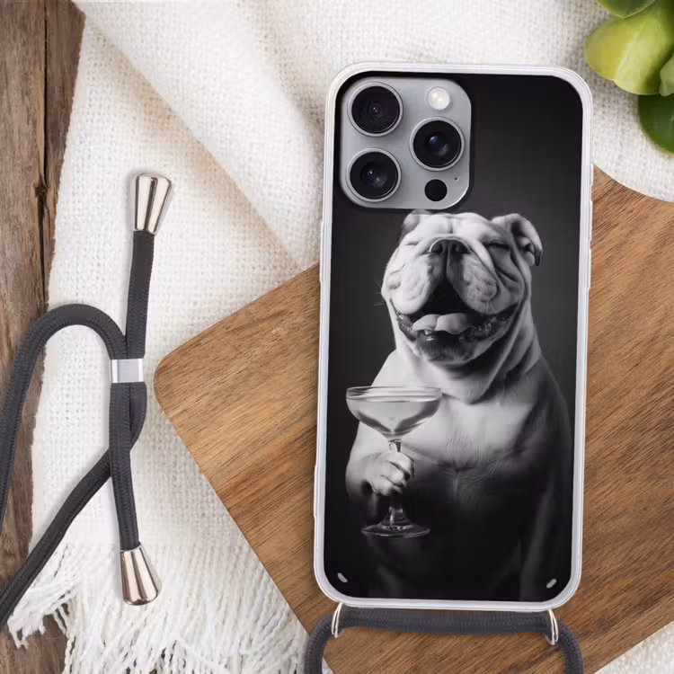Buldog - Hond - Glas Hoesje iPhone 16 Pro Max met koord klein -sfeer4