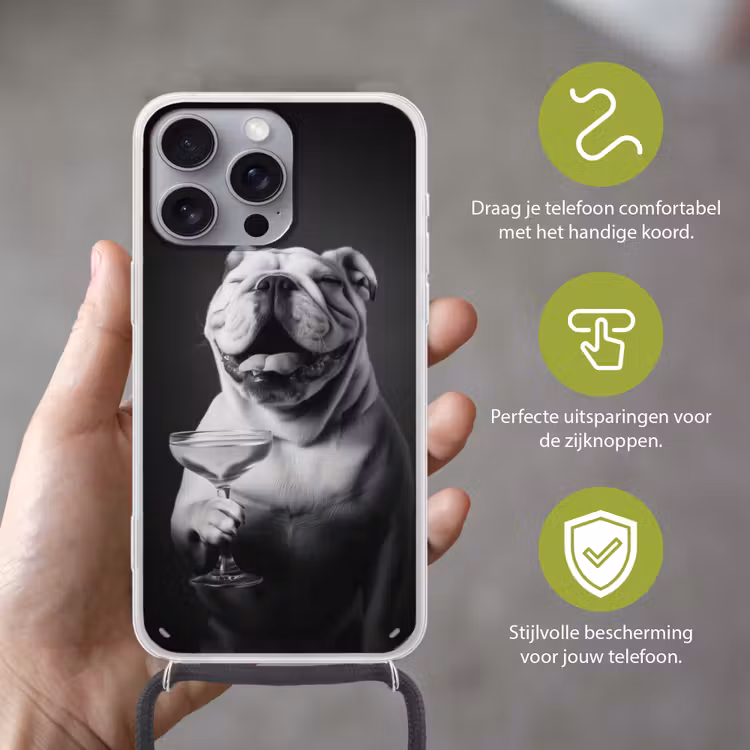 Buldog - Hond - Glas Hoesje iPhone 16 Pro Max met koord klein -sfeer2_NL