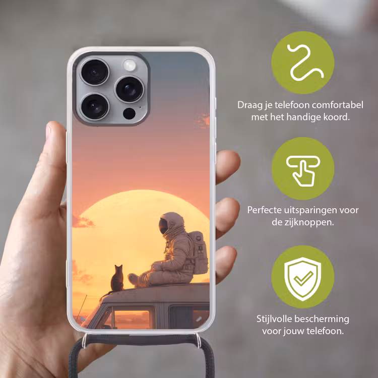 Busje - Kat - Zonsondergang - Oranje Hoesje iPhone 16 Pro Max met koord klein -sfeer2_NL