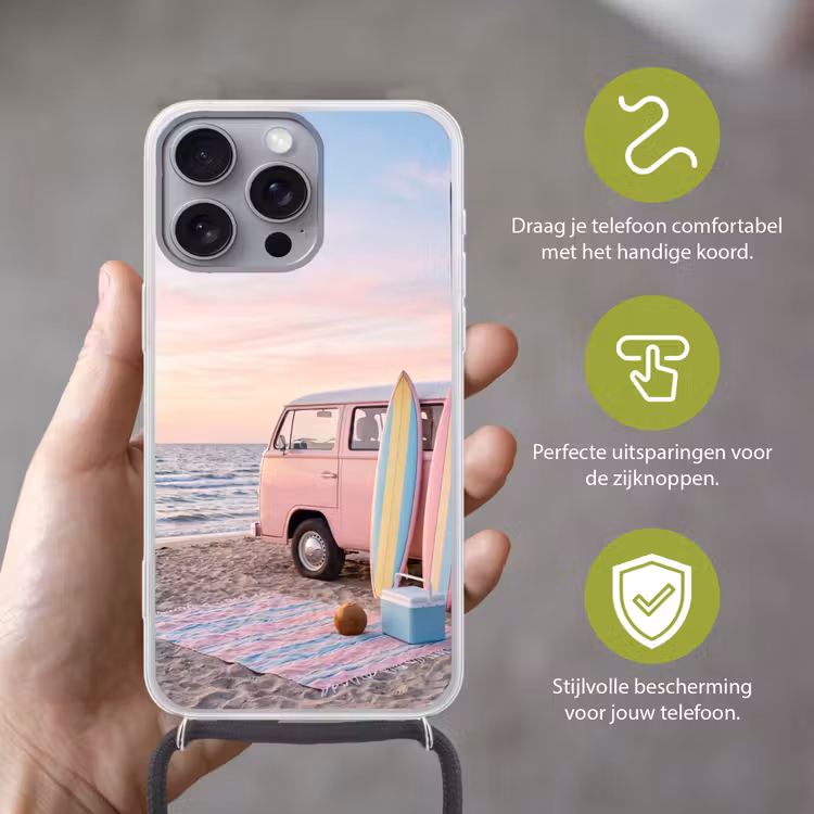 Busje - Strand - Surfplank - Zomer - Roze Hoesje iPhone 16 Pro Max met koord klein -sfeer2_NL