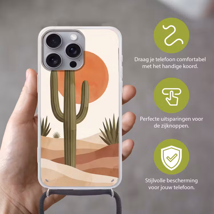 Cactus - Duinen - Modern - Landschap - Groen Hoesje iPhone 16 Pro Max met koord klein -sfeer2_NL