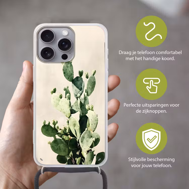 Cactus - Groen - Minimalistisch Hoesje iPhone 16 Pro Max met koord klein -sfeer2_NL