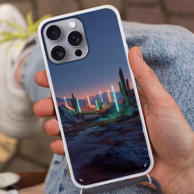 Cactus - Lichtzuilen - Zonsondergang Hoesje iPhone 16 Pro Max met koord klein -sfeer3