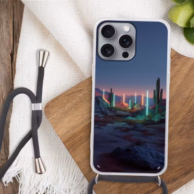 Cactus - Lichtzuilen - Zonsondergang Hoesje iPhone 16 Pro Max met koord klein -sfeer4
