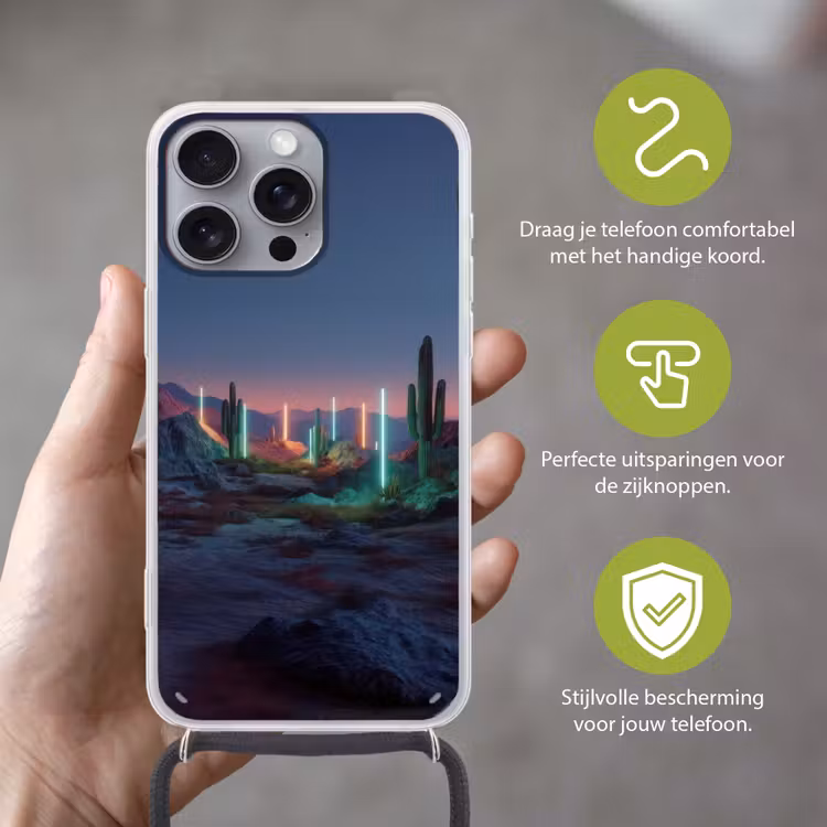 Cactus - Lichtzuilen - Zonsondergang Hoesje iPhone 16 Pro Max met koord klein -sfeer2_NL